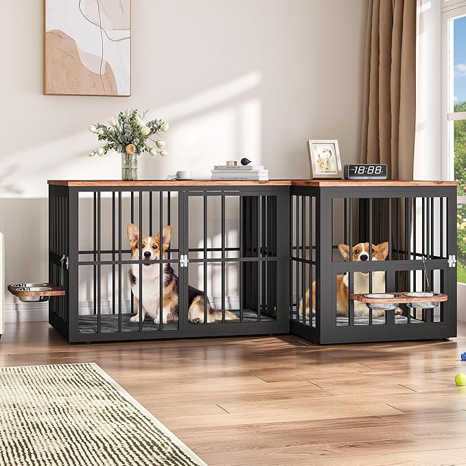 YITAHOME 77.6" Large Corner Dog Crate Furniture for 2 Dogs, Steel Frame Cage with Double Doors & Bowls & 3 Doors, Double Dog Crate Furniture TV Stand for Medium Large Dogs, Brown
