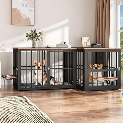 YITAHOME 77.6" Large Corner Dog Crate Furniture for 2 Dogs, Steel Frame Cage with Double Doors & Bowls & 3 Doors, Double Dog Crate Furniture TV Stand for Medium Large Dogs, Brown