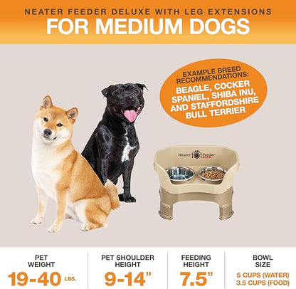 Neater Feeder Deluxe Mess-Proof Elevated Dog Bowls for Medium Dogs (19–40 lbs), 2 Height Adjustable (10” & 12.5”) No-Spill Raised Dog Bowl Stand, Stainless Steel Food Bowl Set, Made in USA, Cappuccino