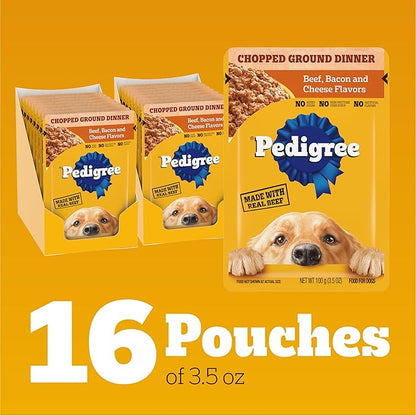 Pedigree Chopped Ground Dinner Wet Dog Food Pouches with Beef, Bacon, & Cheese Flavor, 3.5 oz Pouches, 16 Count