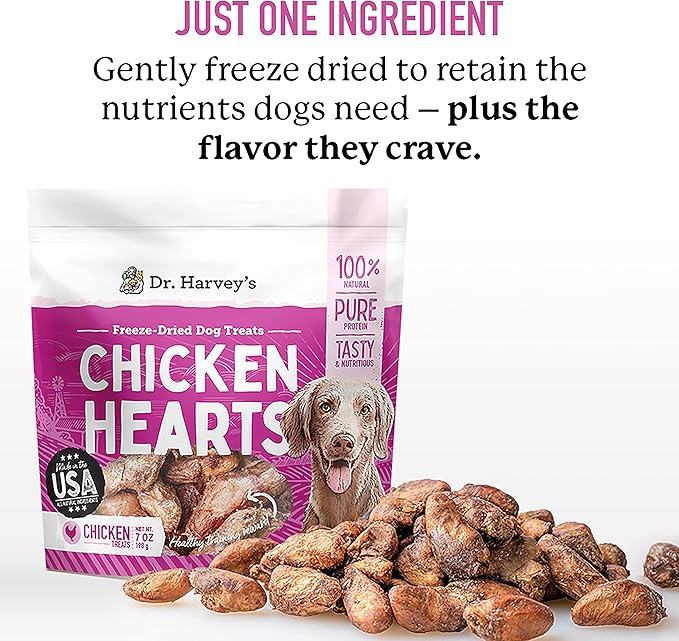 Dr. Harvey's Freeze-Dried Chicken Hearts - Training Dog Treats, Single Ingredient, All-Natural USA Sourced Protein, Allergen-Free - 7 Ounces (Pack of 3)