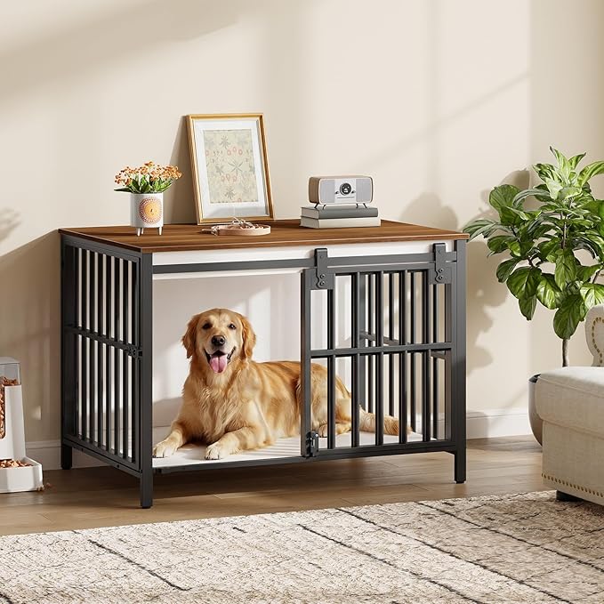 HOOBRO Dog Crate Furniture with Sliding Barn Door, Dog Kennel Indoor for Medium/Large Dogs, Heavy Duty Dog Cage with 2 Doors, End Table for Living Room, Bedroom, Rustic Brown and Black BWH163GW03