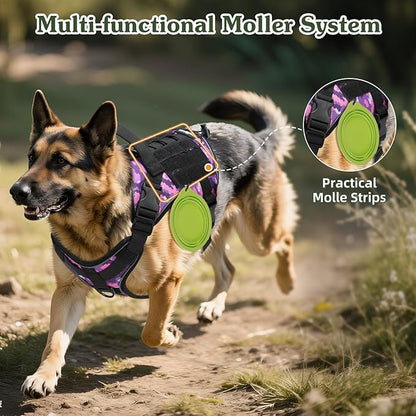 VavoPaw Heavy Duty Tactical Dog Harness for Large Dogs, No Pull Adjustable Pet Harness Reflective Service Training Easy Control Pet Vest Military K9 Working Dog Harnesses, Purple Camouflage, XL