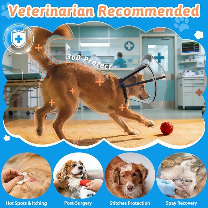 Extended Dog Cone to Stop Licking, Adjustable Depth, Transparent Recovery Collar for Large Medium Dogs, Soft E-Collar After Surgery Neuter with Reflective Strip for Night Visibility XL