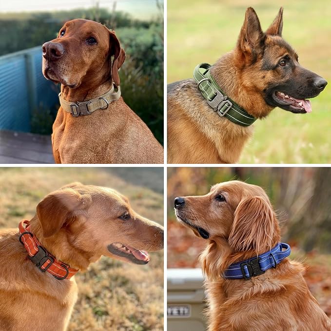 KCUCOP Tactical Dog Collar for Medium & Large Dogs - Military Nylon Heavy Duty Collar with Handle, Reflective Strip & Metal Buckle for Training, Outdoor (Green Reflective, Medium)