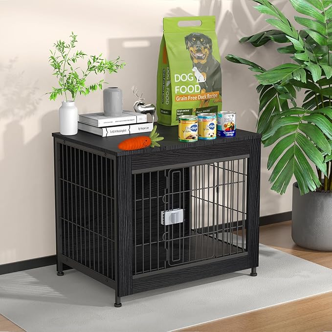 Dog Crate Furniture, Wooden Dog Crate 27in, Decorative Cage with End Table for Dog Indoor Kennel, High Anxiety Dog, Escape-Proof Locks for All Breeds