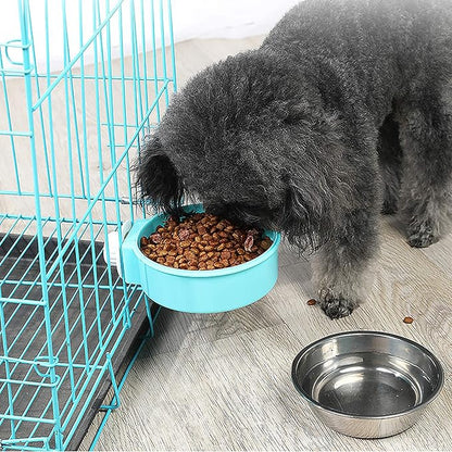 kathson 3 PCS Crate Dog Bowl, Stainless Steel Removable Hanging Cage Food Bowl Pet Food Spoon & Water Feeder Bowls Coop Cup for Puppy Cat Bird Rabbit