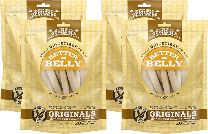 Better Belly Originals, Real Beef Sirloin Flavor, Small Rolls, Dog Chews, 20Count (P-50050NC) (Pack of 4)