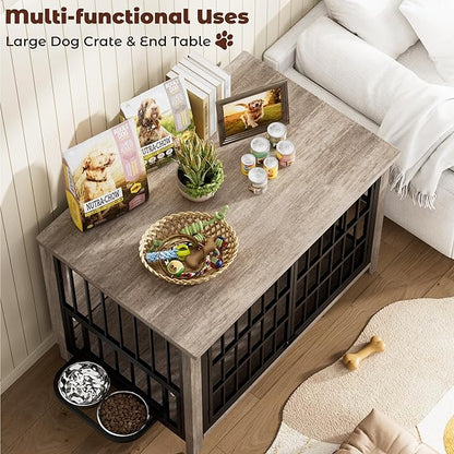 Lulive 37.8" Dog Crate Furniture, Large Wooden Dog Kennel Indoor with 360°& Adjustable Raised Dog Bowls, Double Doors Furniture Decorative Side End Table Dog Cage for Medium Dogs, Grey