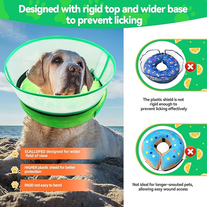 Upgraded Inflatable Dog Cone Collar with Transparent Anti-Licking Shield, Adjustable Elizabethan Collar for Medium Large Dogs, 2-in-1 Design with Detachable Shield and Soft Padding (M+, Lime)