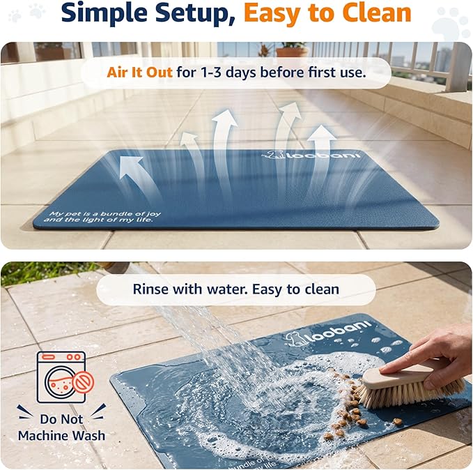 LOOBANI Dog Food Mat for Floors Waterproof 23.6"x15.7"- Absorbent Dog Bowl Mat for Food and Water Bowl, Leakproof Rubber Backing, Dog Feeding Mat for Dog, Cat, Pet (23.6"x15.7", Dark Blue)