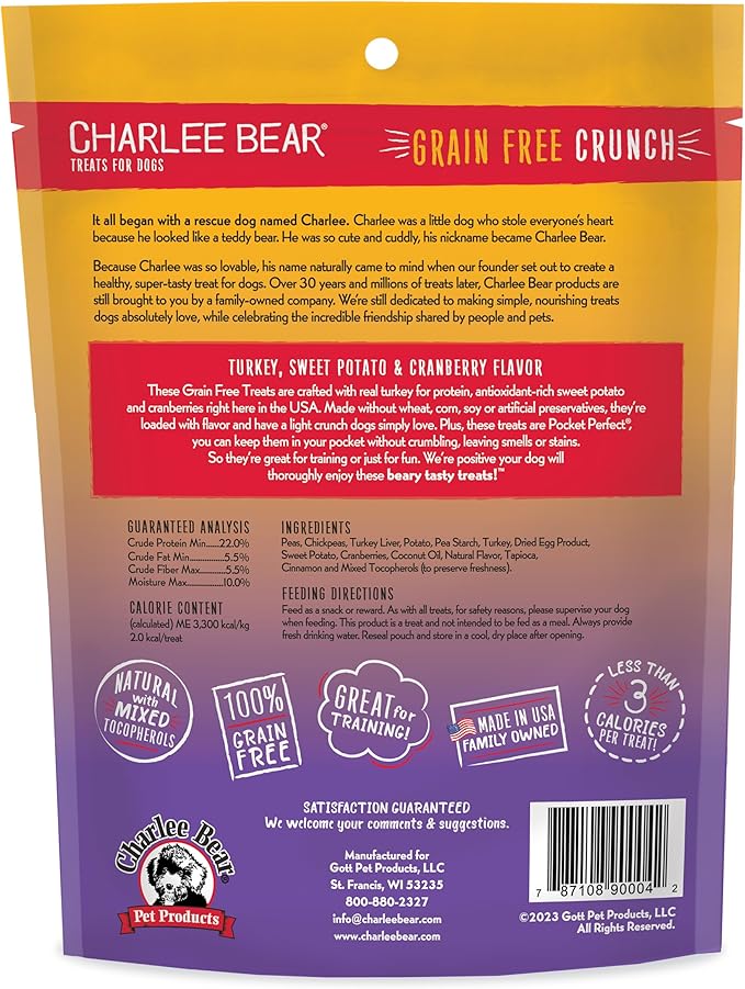 Charlee Bear Crunch Grain Free Dog Treats, Turkey, Sweet Potato and Apple, 8 Ounce Resealable Bag, Low Calorie Training Treats for Dogs, Limited Ingredient, Healthy, Crunchy Dog Snacks, Made in USA