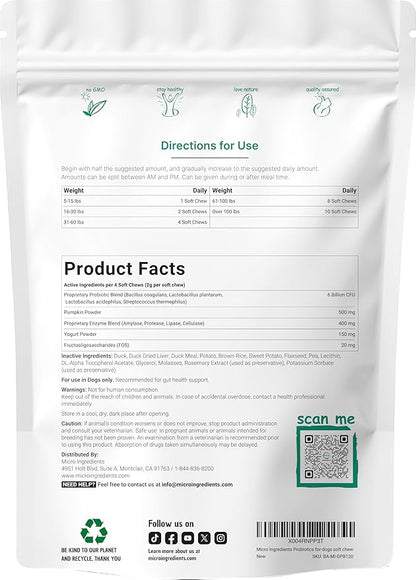 Micro Ingredients Probiotics for Dogs, 240 Soft Chews | Daily Digestive Health Probiotic Chews for Dogs with Prebiotics & Enzymes | Supports Gut Flora & Immune Function* | Non-GMO, Duck Flavor