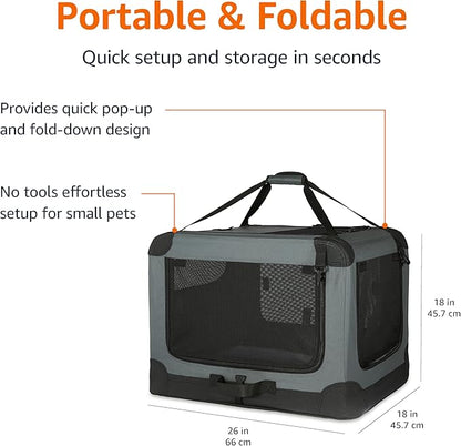 Amazon Basics Portable Folding Soft Dog Crate, 4-Doors, Collapsible Travel Kennel for Cat, Dog, and Small Animals, Quick Setup, Small 26" x 18" x 18", Grey