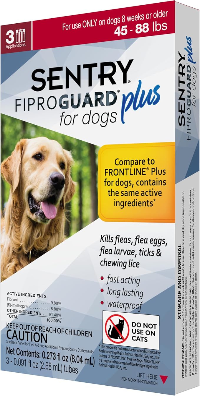 Sentry Fiproguard Plus for Dogs, Flea and Tick Prevention for Dogs (45-88 Pounds), Includes 3 Month Supply of Topical Flea Treatments