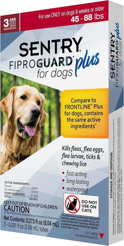 Sentry Fiproguard Plus for Dogs, Flea and Tick Prevention for Dogs (45-88 Pounds), Includes 3 Month Supply of Topical Flea Treatments