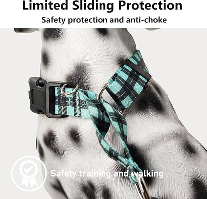 Martingale Collar for Dogs with Buckle No Pull Adjustable Nylon Limited Slip Training Dog Collars (Blue Plaid, Large)