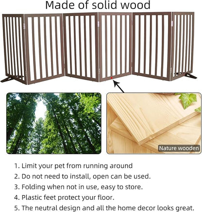 Dog Gate Indoor, Freestanding Dog Fence for The House, Doorways, Hallways,or Stairs,Pet Gate Foldable Wooden,Expandable 32" Height 6 Panels,Brown