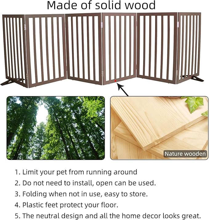 ZJSF Freestanding Indoor Dog Gate for House Foldable Wood Puppy Gate for Doorways Pet Gate for Stairs Extra Wide Pet Fence, Brown, 32" Height 6 Panels