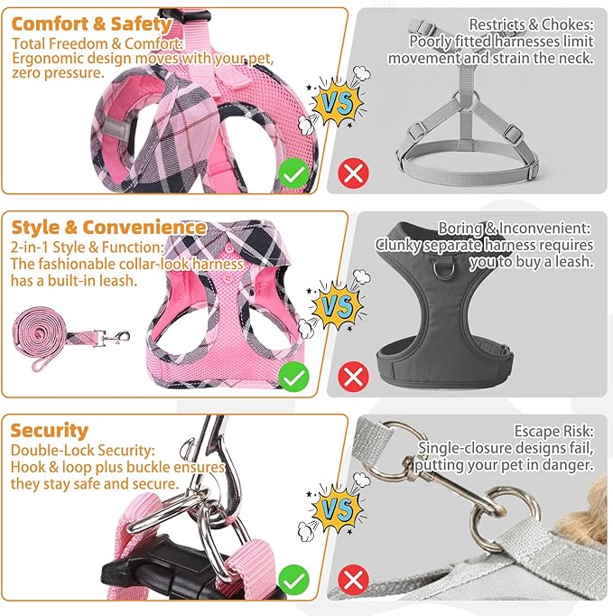KOOLTAIL Dog Harness and Leash Set, Cute Pink Girl Dog Harness Medium Sized Dog, Step in No Pull Soft Mesh Pet Vest Harness Collar for Dogs Cats, Plaid Puppy Halters for Outdoor Walking, Pink M