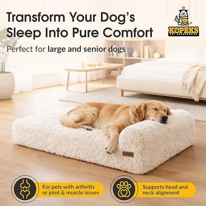 KOPEKS Orthopedic Memory Foam Dog Bed 7" Inch Thick Extra Large Dog Bed with Pillow Fluffy Brown 50"x34"x10" Includes Waterproof Liner & Durable Removable Cover with Smart Design