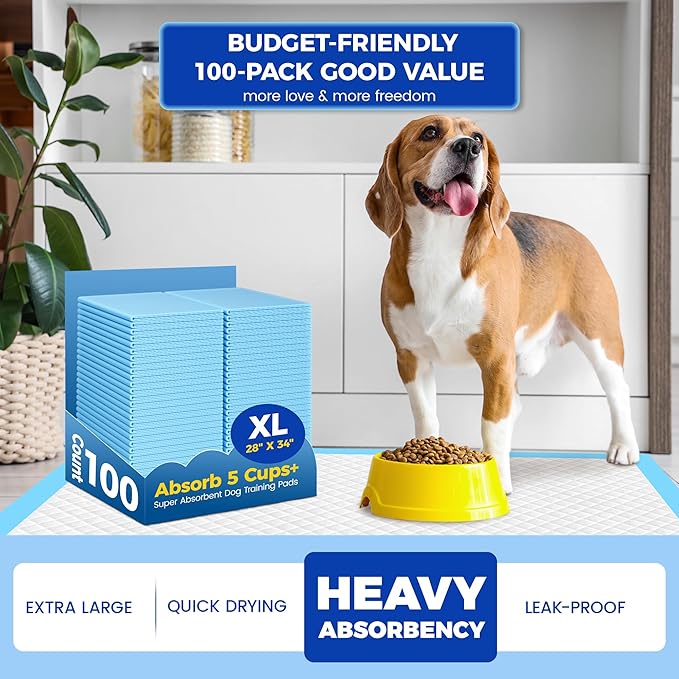 Dog Pee Pads Extra Large 28"x34" - 100 Pack Super Absorbent XLarge Puppy Pads 100 Count Leak-Proof Disposable XL Pet Potty Training Pads for Dogs, Puppies, Doggy