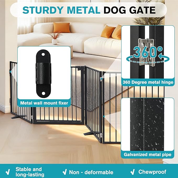 Snagle Paw Extra Wide Dog Gate,Free Standing Dog Fence with Door, Up to 104 Inch Wide Pet Gate with Support Feet for Stairs, Hallways, Doorways, Yard (Black, 4 Panels)