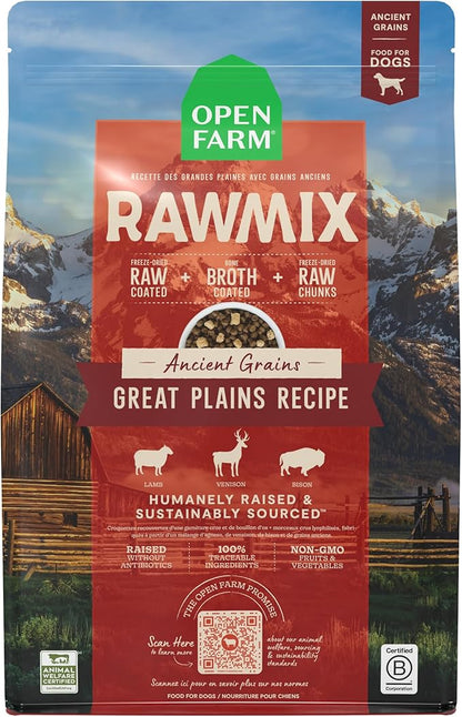 Open Farm, RawMix Ancient Grains Dry Dog Food, Protein-Packed Kibble Coated in Bone Broth with Freeze Dried Raw Chunks, Lamb Venison Bison, Great Plains Recipe, 3.5lb Bag