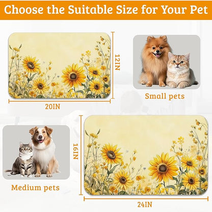 Yellow Floral Feeding Mat,Sunflower Absorbent Quick-Dry Cat Dog Food and Water Bowl Mats,Non-Slip Rubber Backing Mat,Cat Dog Accessories Supplies 16" x 24"