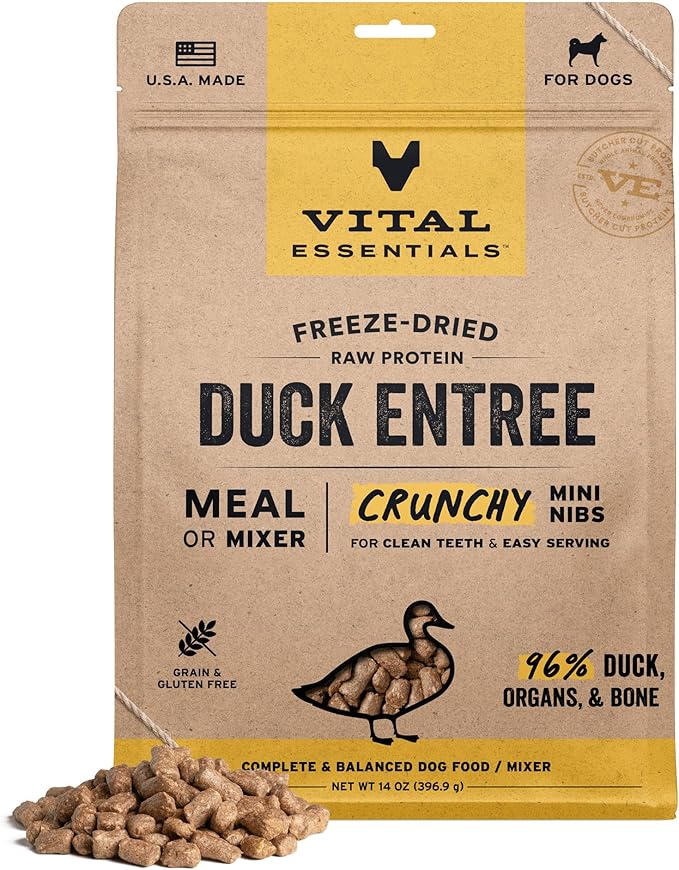 Vital Essentials Freeze Dried Dog Food, Raw Duck Crunchy Mini Nibs | Complete Meal or Topper | 96% Duck, Organs & Bone | Limited Ingredient, High Protein, Grain Free Dry Dog Food | 14 oz Bag