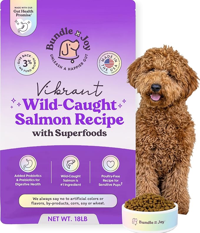Bundle x Joy Vibrant Probiotic Dog Food Dry, Salmon, 18lb Bag, Allergy and Gut-Friendly Adult Kibble for Digestive Health with Wild-Caught Salmon, 20 Plant Based Superfoods, Grain x Poultry Free