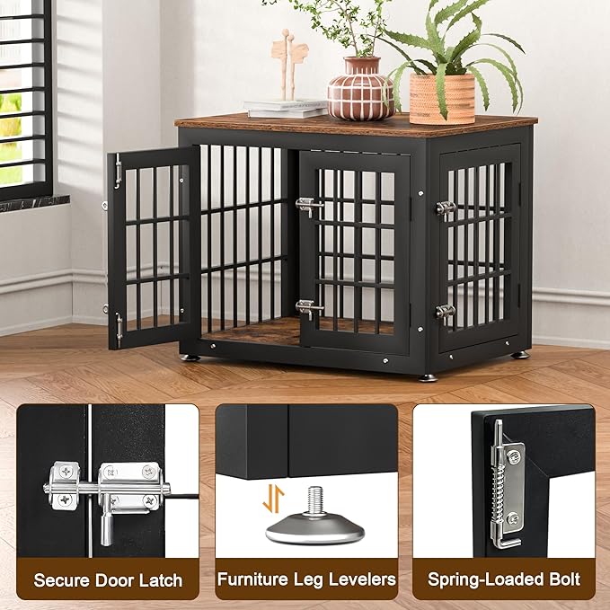 rehomerance 26 Inch Heavy Duty Dog Crate Furniture for Small Dogs, Decorative Pet House End Table, Wooden Cage Kennel Furniture Indoor, Rustic Brown