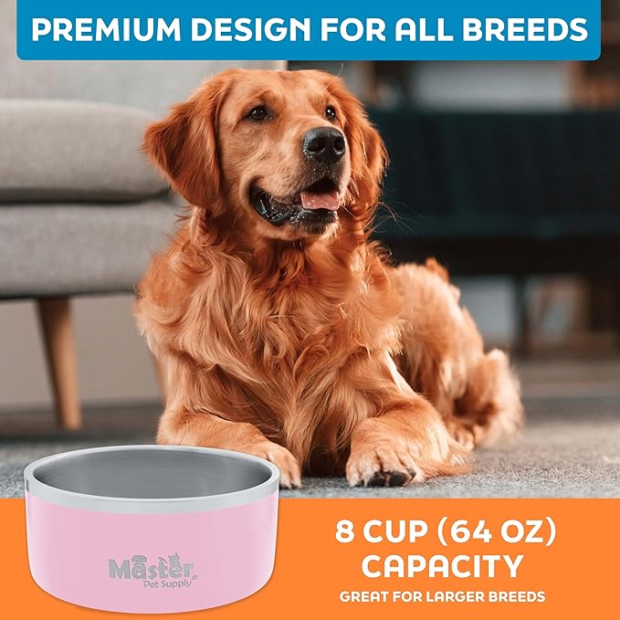 Master Pet Supply Stainless Steel Dog Bowls - 64 oz, Heavy Duty - Rose Quartz, Double Wall Extra-Thick Insulated, Non-Slip Pet Water Bowl for Dogs, Cats & Pets, Anti Rust Metal, Dish Washer Safe