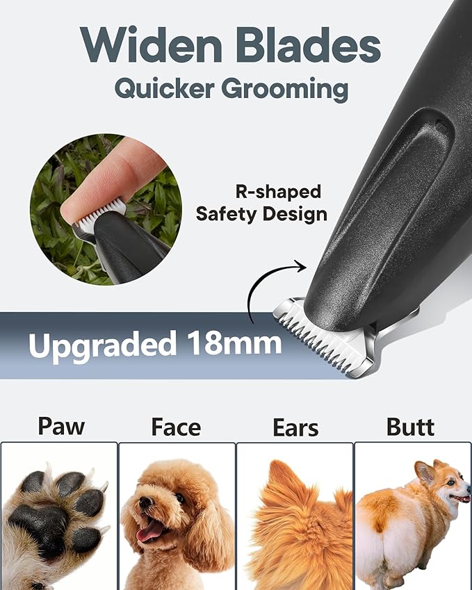 FURBONA Upgraded Dog Paw Trimmer with LED Light, 18 mm Widen Blade, 35 dB Low Noise, LED Display, Fully Waterproof, Rechargeable Clipper for Dogs Cats Trimming Paws, Eyes, Ears, Face, and Rump (Black)