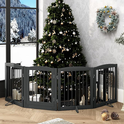 PUPETPO Freestanding Dog Gate with Door, Pet Gate for Stairs, 80 inch Wide Pet Barrier Indoor, Dog Fences Indoor, Support Feet Included, 4 Panels, 24" Tall, Grey
