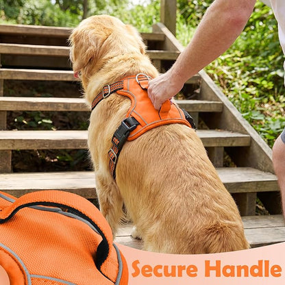 Funfox Dog Harness No Pull, Adjustable Pet Vest Harness, Super Soft Material with Vertical Handle Easy Control, Reflective Night Walking, 2 Leash Clips for Medium Sized Dogs, Orange, M