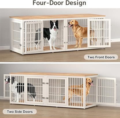 rehomerance 78 Inch Double Dog Crate Furniture, Heavy Duty Extra Large Cage Furniture with Divider for 2 Dogs, Decorative Wooden Kennel Indoor, Pet House for Large and Medium Dogs, White