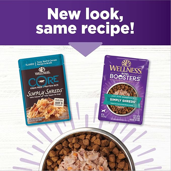 Wellness Bowl Boosters Simply Shreds Wet Dog Food Topper for Small, Medium, and Large Breeds, Grain Free, Natural, Tuna, Beef, and Carrots Recipe, 2.8 oz, Pack of 12 Pouches