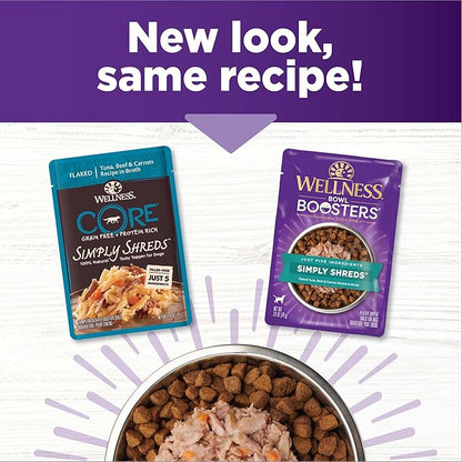 Wellness Bowl Boosters Simply Shreds Wet Dog Food Topper for Small, Medium, and Large Breeds, Grain Free, Natural, Tuna, Beef, and Carrots Recipe, 2.8 oz, Pack of 12 Pouches
