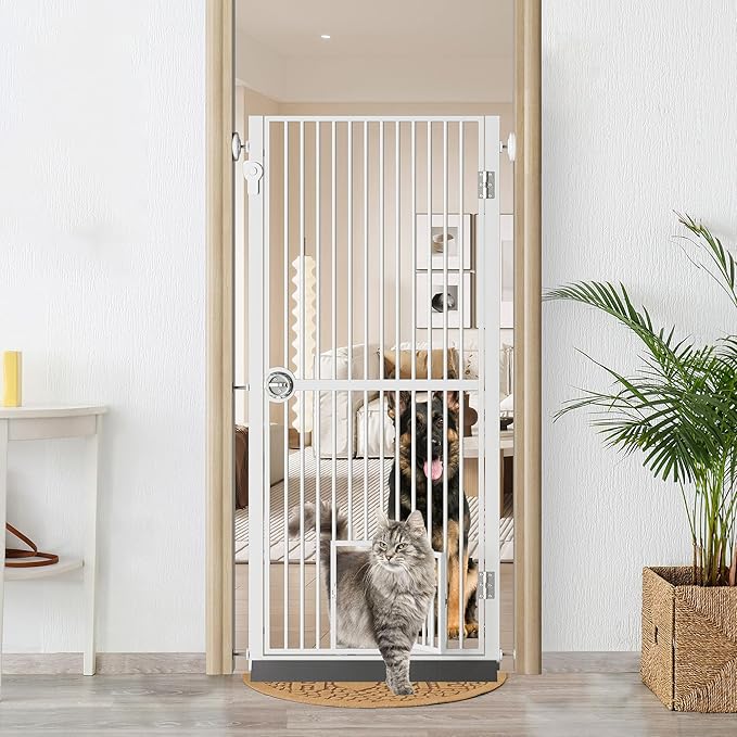 61" Extra Tall Cat Gate for Doorway, 30.2"-32.6" Adjustable Wide Dog Door with Cat Door, 1.37" Gap for Pet Gates, Suitable for Doorways or Kitchen, No Drilling Pressure Mount Kit, White