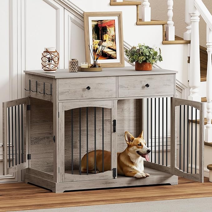 Dog Crate Furniture, Wooden Dog Kennel Furniture, Heavy-Duty Dog Crate End Table with Storage Drawers, Double Doors Decorative Pet Cage House Indoor for Small Medium Dog, 40Inch, Gray