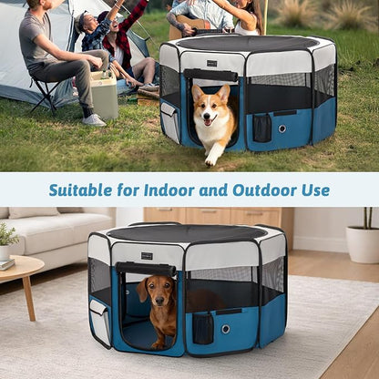 PETSFIT Portable Dog Playpen,36" Dog Play Pen Indoors with Removable Waterproof Mat & Zippered Roof | RV, Camping, Travel Dog Pen | Whelping & Cat Observation Space(36" L x 36" W x 21" H)
