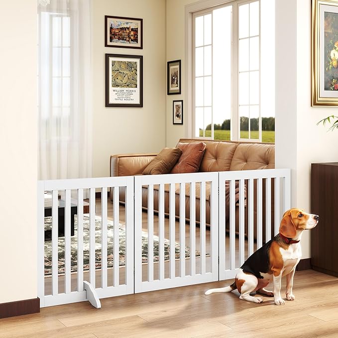 PUPETPO 24”H Freestanding Wooden Pet Gate, Dog Gate for Stairs, Doorways, and Hallways, Step Over Foldable Pet Fence for Indoor Use, Support Feet Included, 60 inch Wide 3 Panels, White