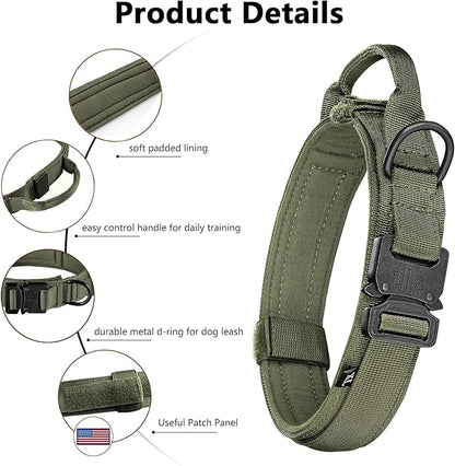 DAGANXI Tactical Dog Collar, Adjustable Military Training Nylon Dog Collar with Control Handle and Heavy Metal Buckle for Medium and Large Dogs, with Patches and Airtags Case (M, Green)