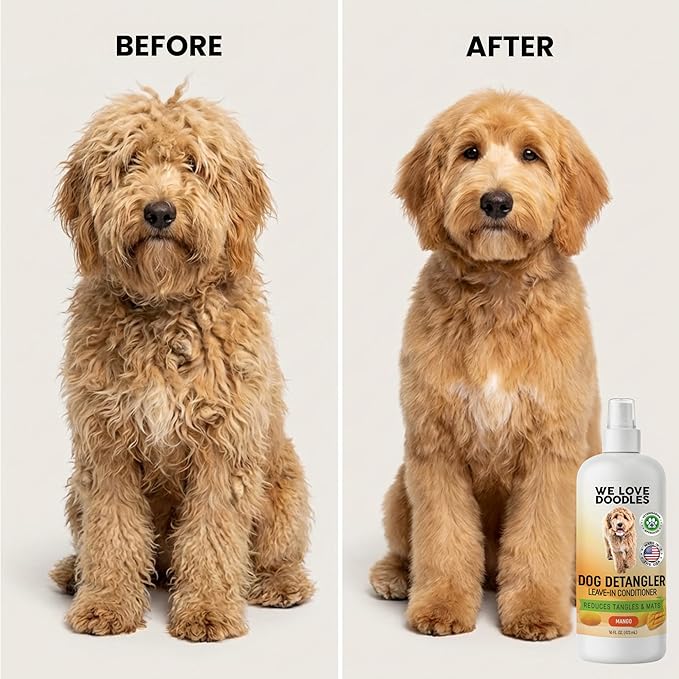 We Love Doodles Dog Detangler Spray - Leave-in Conditioner for Dogs - Dog Detangling Spray - Dematting Spray for Dogs - Tangle Remover - Made in The USA - Large 16 fl oz (Mango)