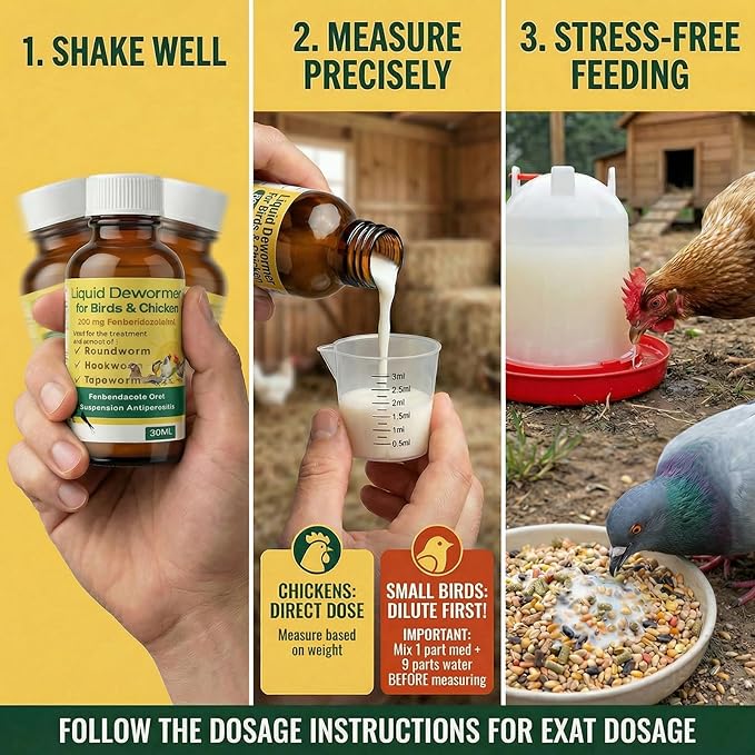 Dewormer for Chickens and Birds Fenbendazole Broad Spectrum Targets Tapeworm Roundworm &Hookworm for Laying Hens Poultry Aviary Wormer Liquid for Pet Birds, Pigeons and Flocks (30ml)