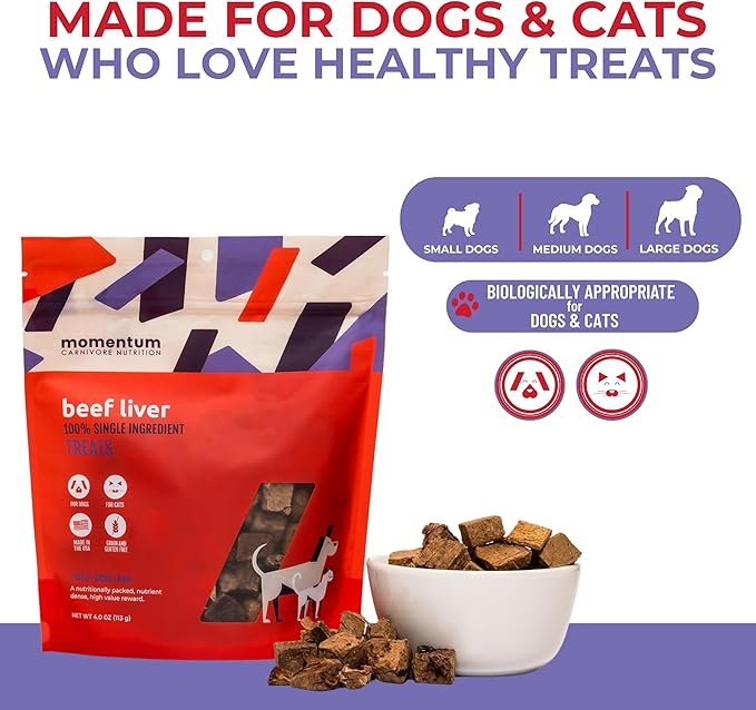 Momentum Carnivore Nutrition Freeze-Dried Beef Liver Dog Treats & Cat Treats – Single-Ingredient, High-Protein, Grain-Free, Nutrient-Rich – Made in USA – 4 oz Bag