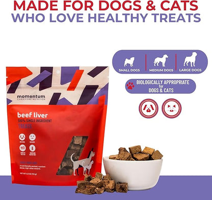 Momentum Carnivore Nutrition Freeze-Dried Beef Liver Dog Treats & Cat Treats – Single-Ingredient, High-Protein, Grain-Free, Nutrient-Rich – Made in USA – 4 oz Bag
