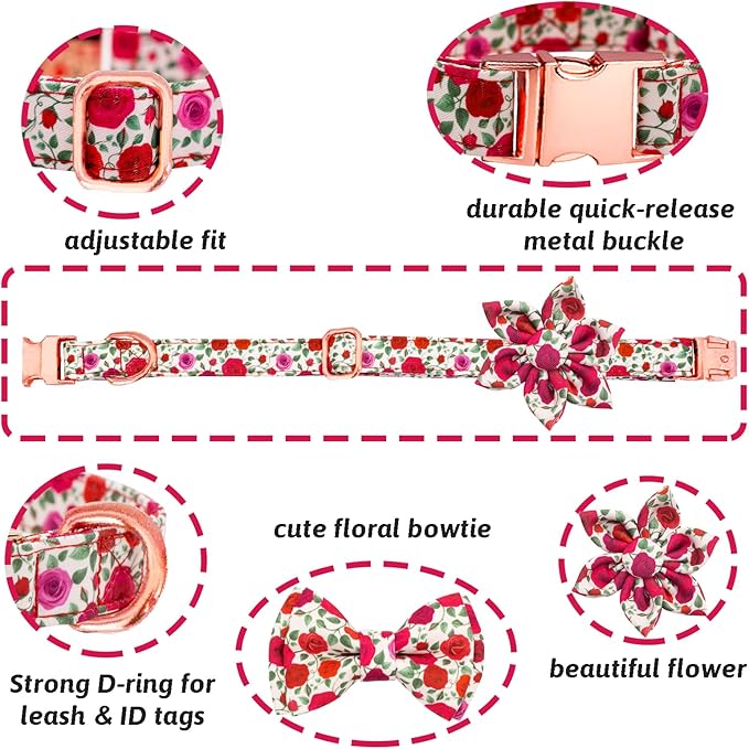 Dog Collar and Leash Set Girls Adjustable Puppy Collars with Floral Bow Tie for Small Medium Large Female Dogs, Red Rose, S