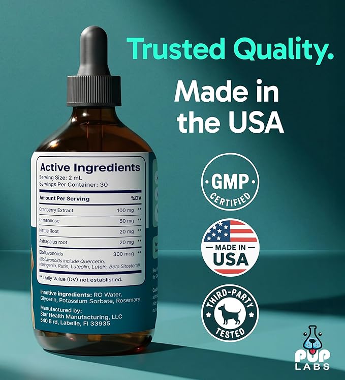 K9 UTI+ All-Natural Urinary Tract for Dogs, UTI, Bladder, Kidney and Incontinence Support, Dog UTI Treatment with Cranberry and D-Mannose, Easy-to-Use Drops for All Ages and Breeds, 2 fl oz